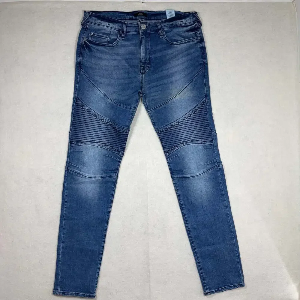 True Religion Jeans Mens 34 (Fits 34x33) Blue Rocco Skinny Moto Biker Denim